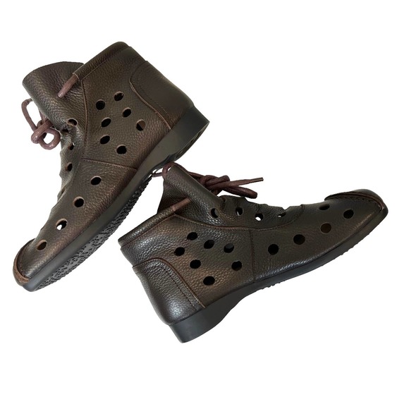HZM Coffee Perforated Tie Leather Ankle Boots Women's 39 / US 8 - Picture 4 of 11